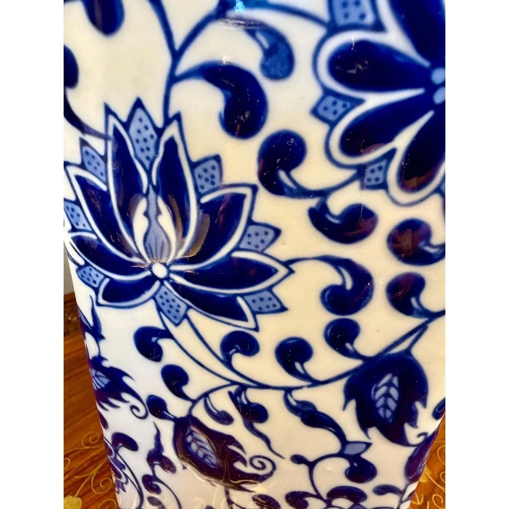 Vintage Bombay Blue & White Porcelain Ginger Jar • Lotus Floral Lidded Jar